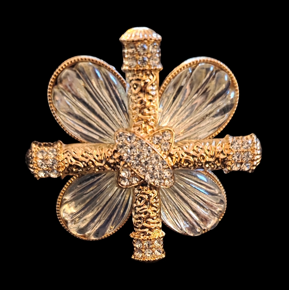 Elegant Bold Goldplated Cross Detail Floral Fashion Statement CZ Brooch Pin